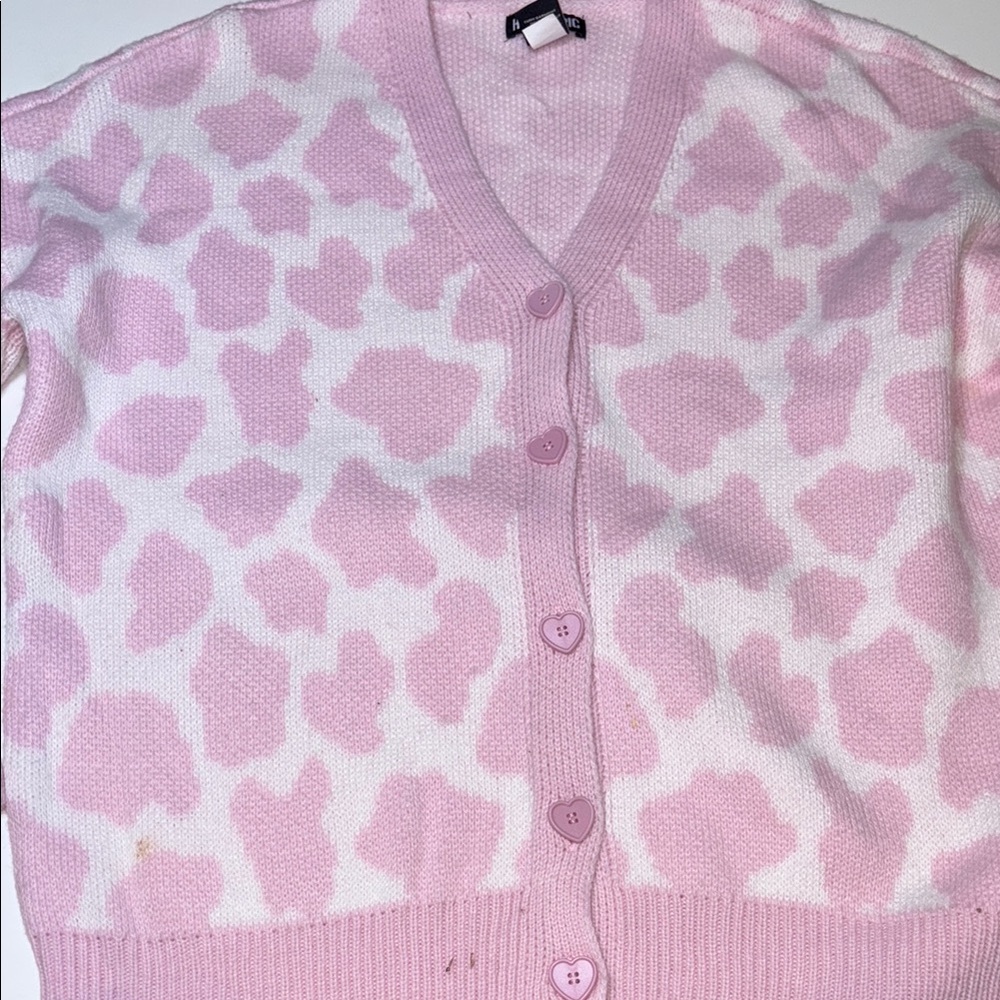 Pink and White Hearts Sweater Patterned Cardigan S